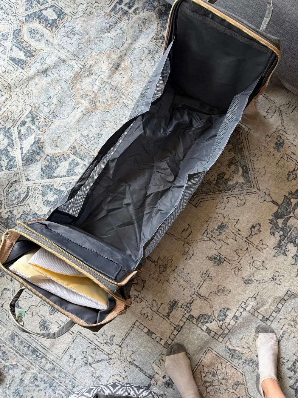 Convertible Gray Diaper Backpack with Portable Bassinet